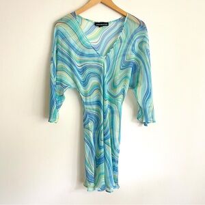 Sport Collection Y2K Marble Wavy Swirl Print Sheer Tunic Dress Swim Coverup
